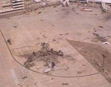The remains of the British Airways Boeing 747 at Kuwait International Airport. Picture: United States Navy