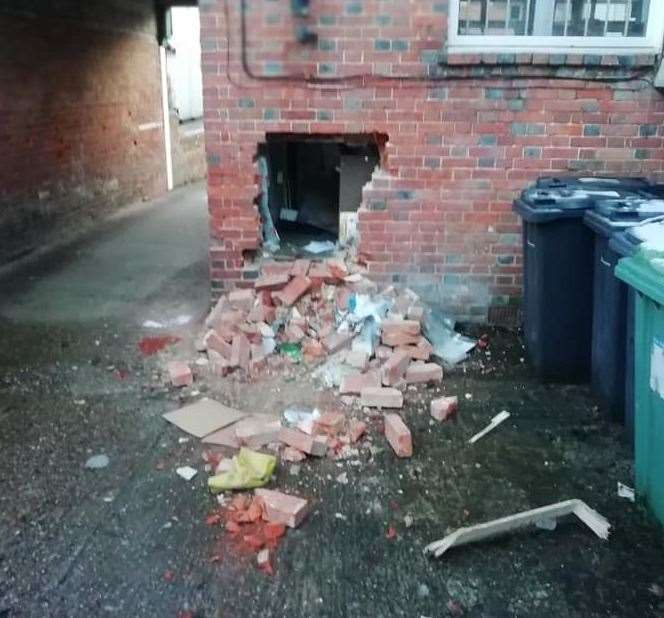 Damage to the rear of Staplehurst post office, where a safe was dragged out last January Picture: Grant Broomfield