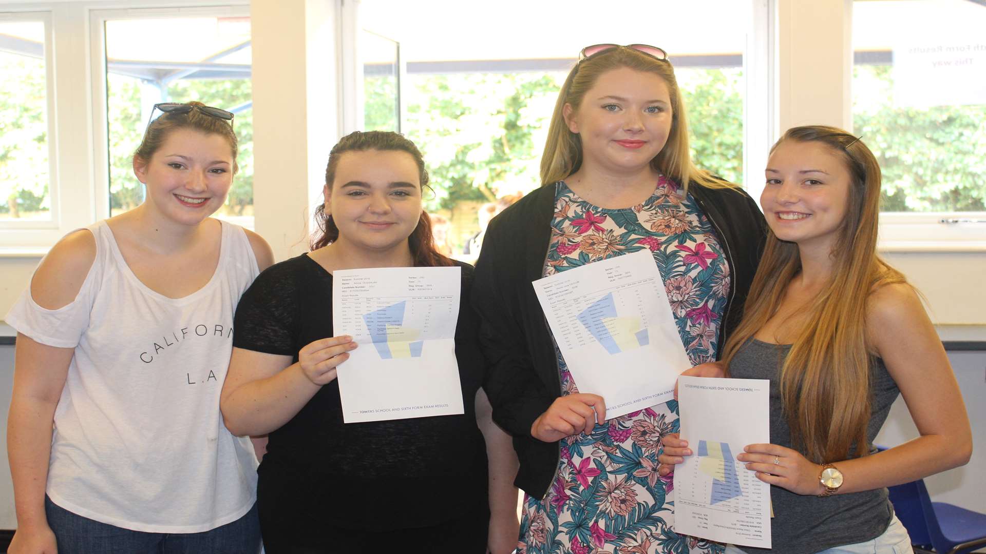 Towers School pupils Kayleigh Spencer-Brown, Amina Oussalah, Alexia Taylor and Chloe Dawson celebrate their results