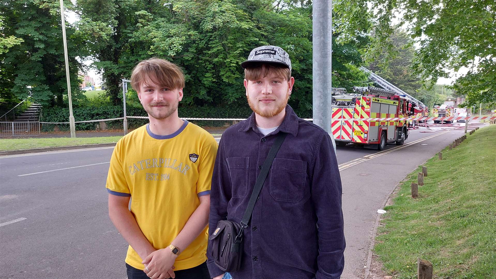 Sam James and Noah Blunt first saw the blaze at about 4pm; they said black smoke "was really chucking out"