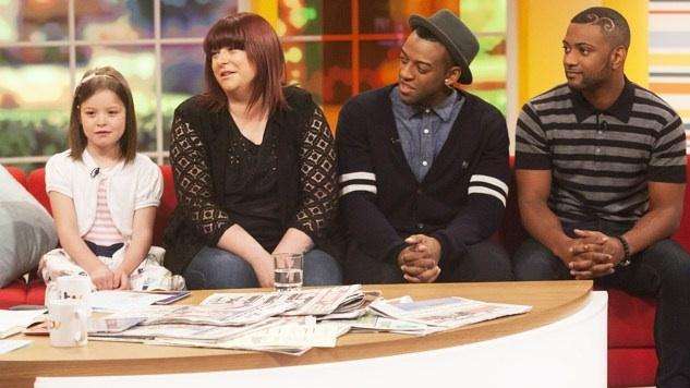 Amber Howe and mum Ali meet JLS during an appearance on ITV's Daybreak.