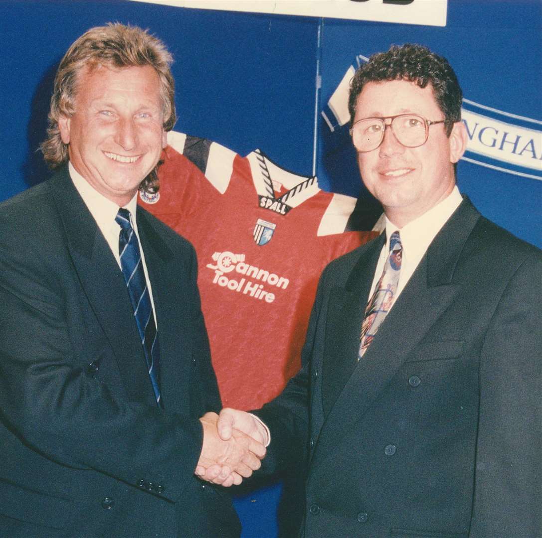 Paul Scally with former chairman Tony Smith after completing his Gillingham takeover in 1995 Picture: Keith Slater