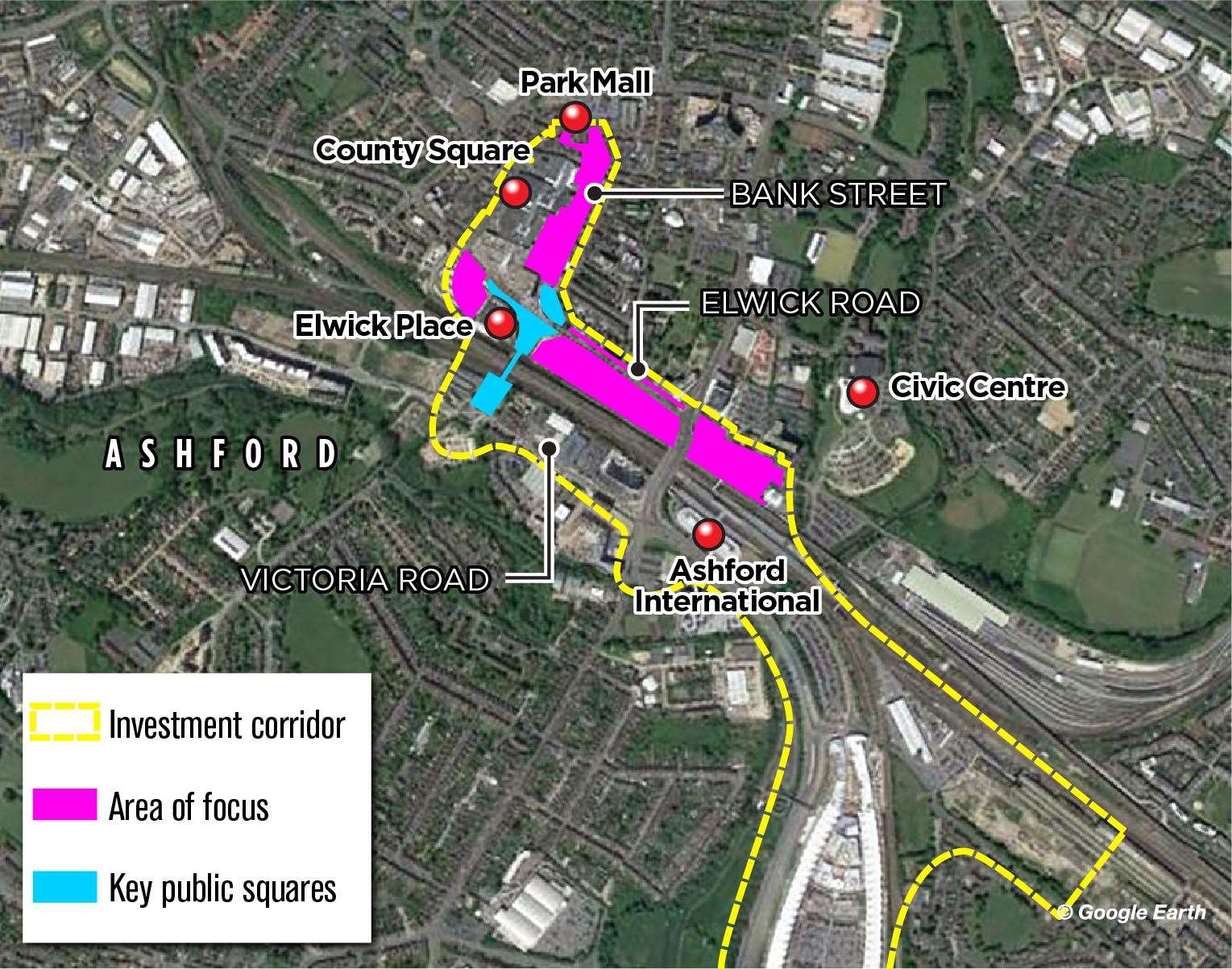 This map shows the planned 'investment corridor' in Ashford