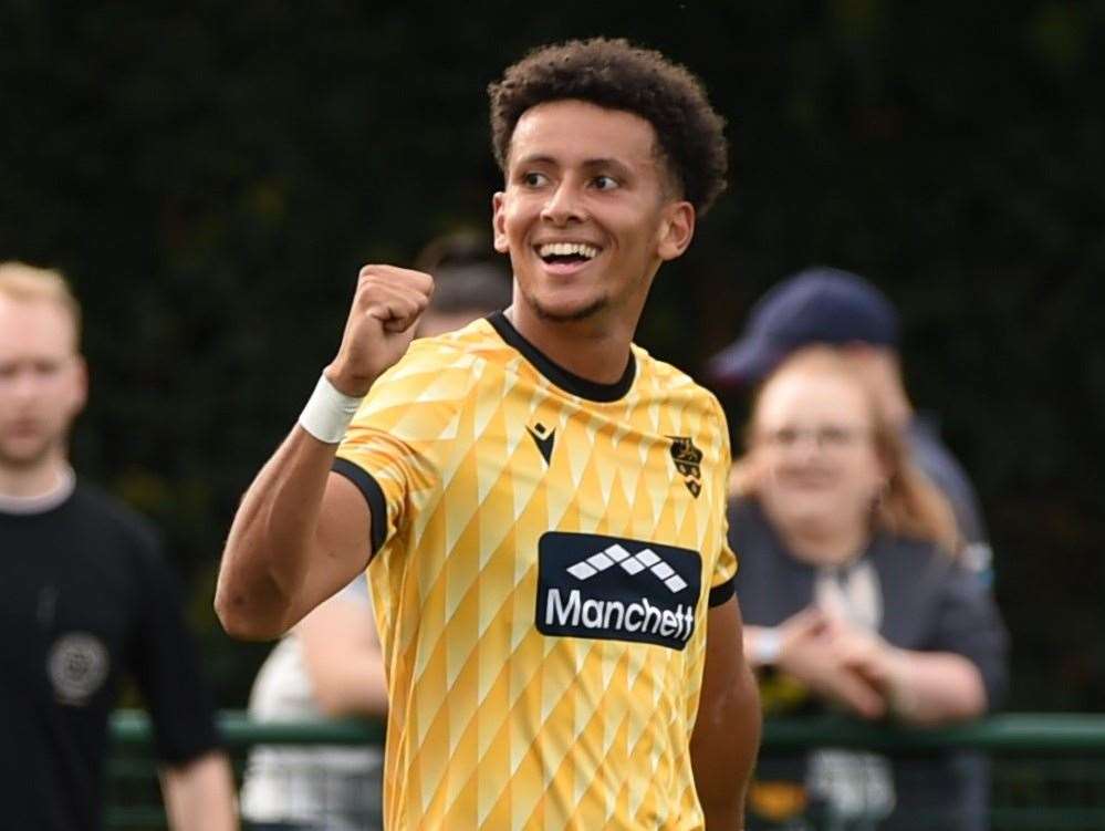 Sol Wanjau-Smith celebrates his hat-trick at the start of Maidstone’s FA Cup run. Picture: Steve Terrell