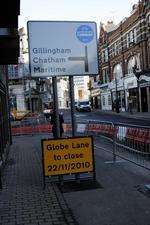 Road closure signs have been erected in Chatham town centre with the wrong date. Globe Lane will close on November 29.