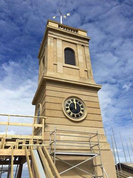 The finished tower and clock of Sheerness Dockyard Church at Blue Town nearing the end of an £8m renovation project. Picture: HBA Architects