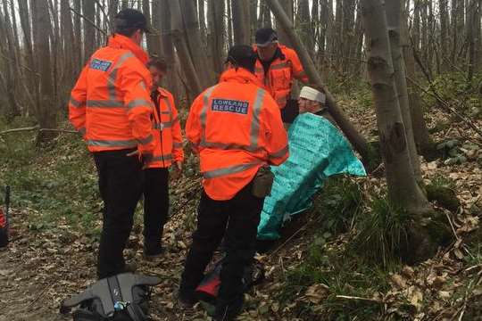 Rescuers find an injured man in woodland during the exercise but it's not the 'missing' patient they are looking for.