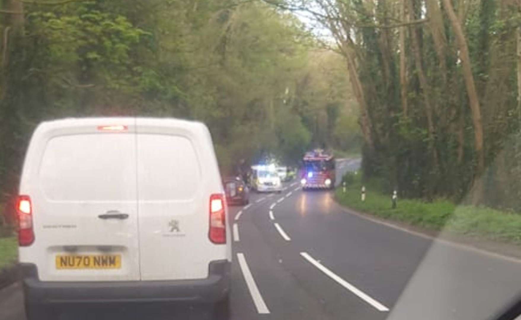 A fire engine pictured in Oxney Bottom in Dover after a car crashed into a ditch. Picture: Will Iggleden