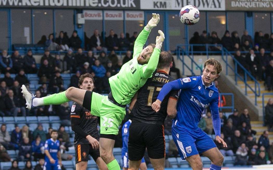 Jake Turner in the Gillingham goal fails to collect a cross into the box in their defeat to Salford