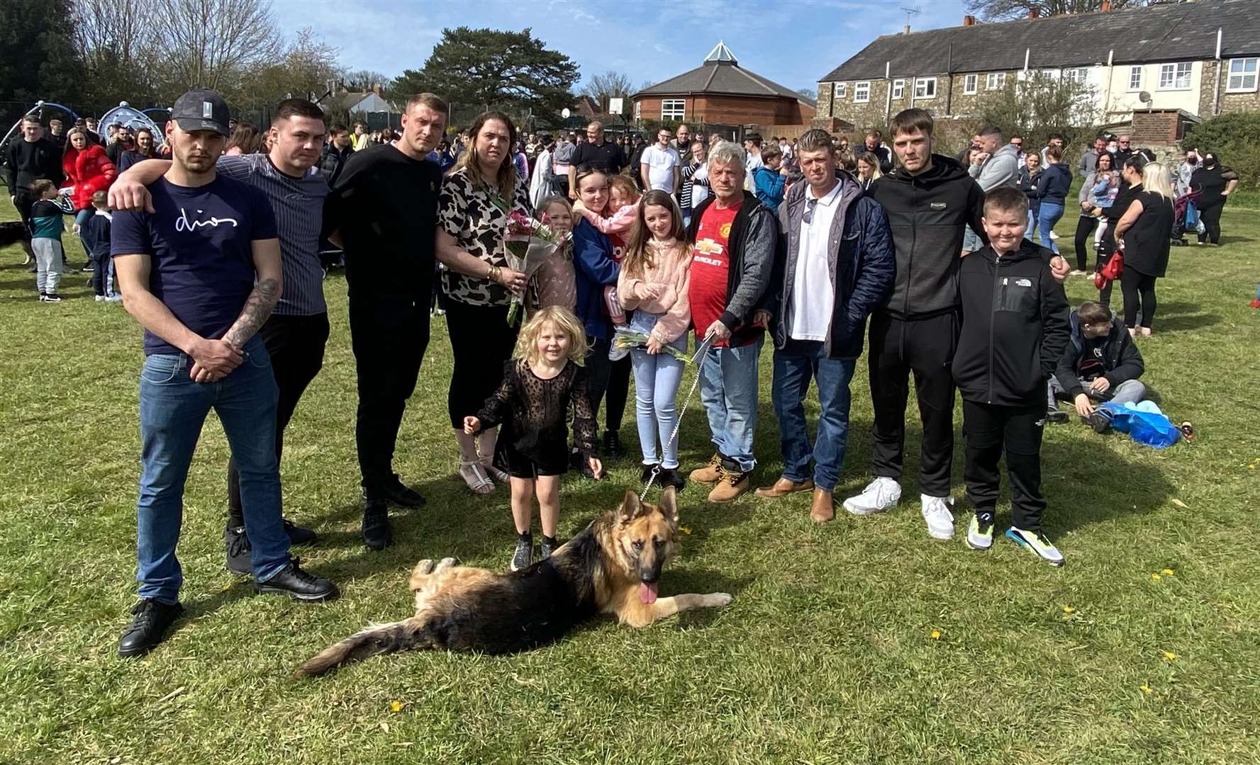 Tyrese’s mum Denise Goldsmith and sons Fenton, Lewis and Riley stand together with other children and family including his father Bill Quigley – holding Tyrese’s dog – and girlfriend Chloe Harris. Picture: Steve Salter