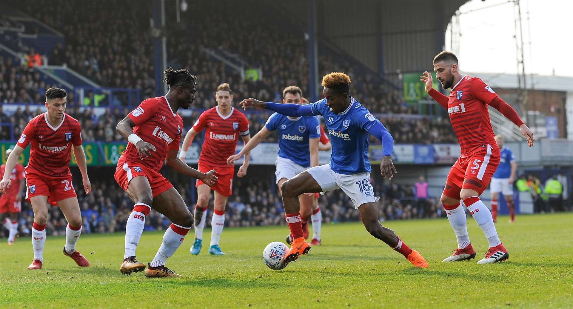 Portsmouth's Jamal Lowe cuts through the Gills defence to score the opening goal last season Picture: Ady Kerry