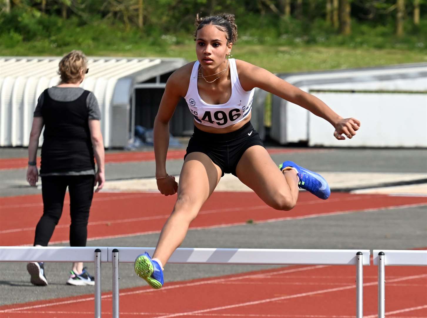 Tonbridge AC’s Araba Taylor was second in the Under-17 Girls 300m hurdles final. Picture: Simon Hildrew
