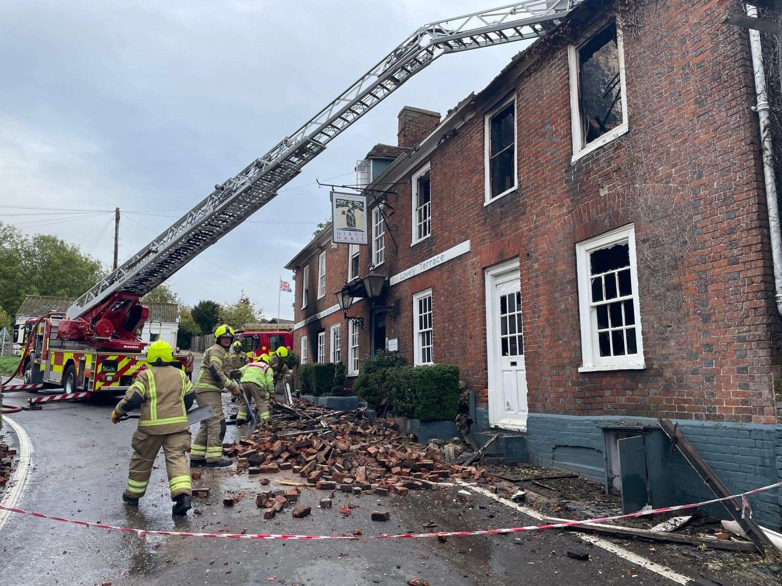 Rubble strewn all over Upper Street, Hollingbourne, after the fire at The Dirty Habit. Picture: Sean McPolin