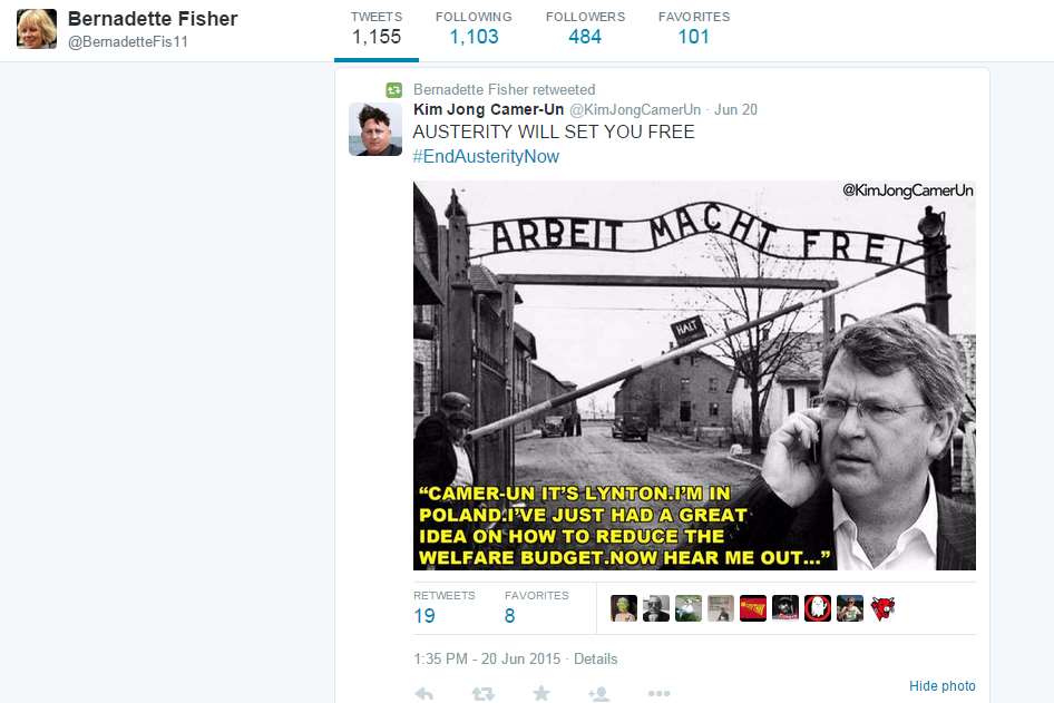 Cllr Fisher retweeted this "Austerity will set you free" tweet
