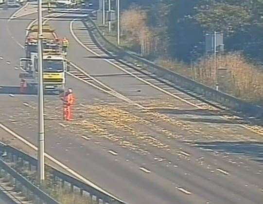 The M25 is being held clockwise within Junction 31 at the Dartford Crossing due to a spillage of watermelons. Picture: National Highways