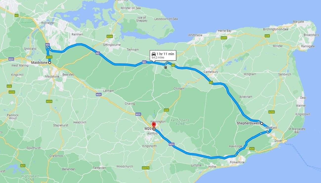 The official diversion posted by National Highways will take drivers on a 64-mile detour via the A229, M2, A2, A20 and then rejoining the M20. Picture: Google Maps
