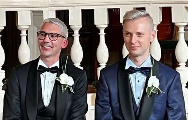 Partners Sergejs Sergejenkovs(left) and Aaron Sergejenkovs Telford on their wedding day