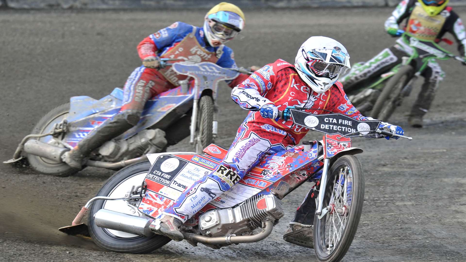 David Mason and team-mate Aaron Baseby lead the way for Kent Kings at Buxton Hitmen Picture: Ian Charles