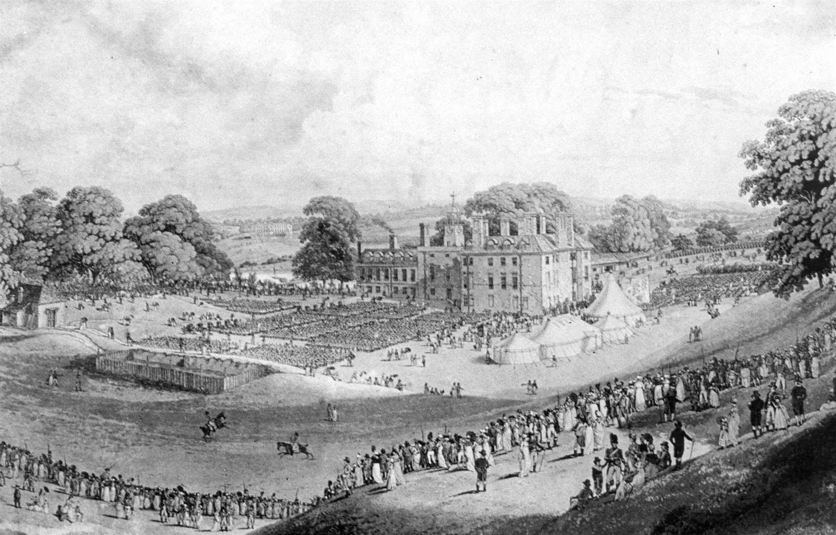 An engraving showing Mote Park in 1799, when troops assembled to repel the threatened invasion of Napoleon Bonaparte. Picture: Images of Maidstone