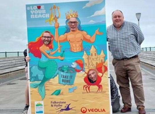 The Love Your Beach campaign using a seaside face in the hole board. Pictured from left on Deal Pier are DDC cabinet members Cllr Jamie Pout and Cllr Edward Biggs, Andrzej Kluczynski from DDC Environmental Protection, and leader of DDC, Cllr Kevin Mills. Picture: Dover District Council