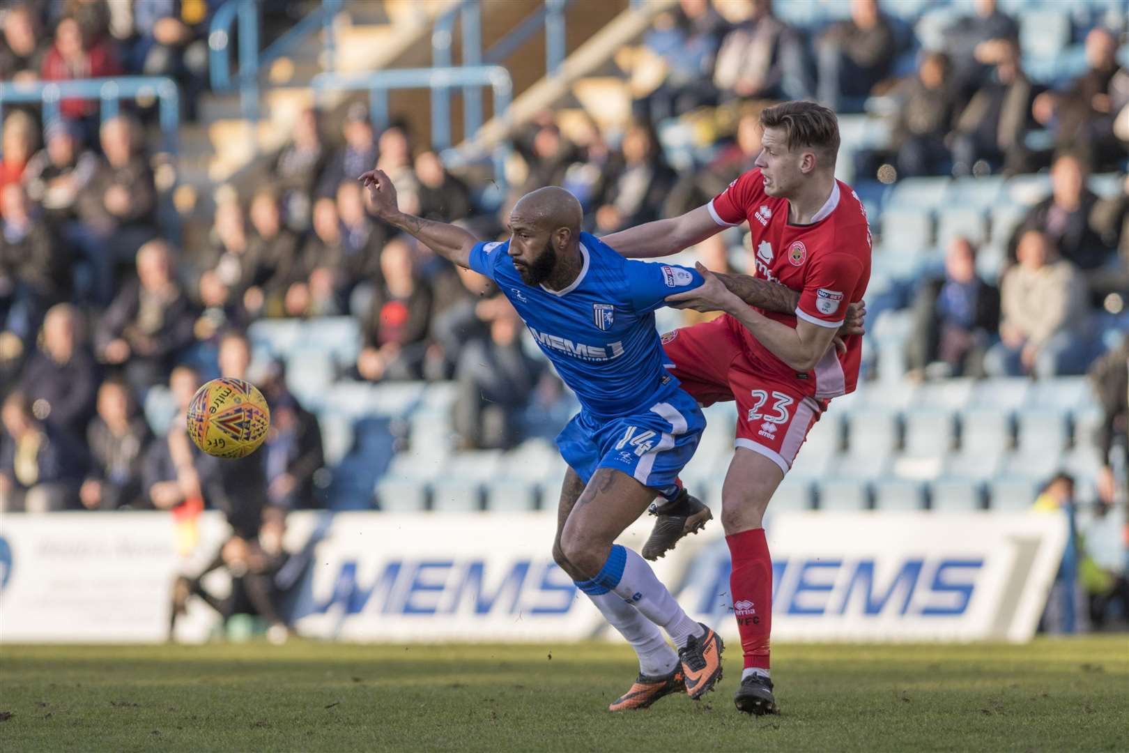 Josh Parker under pressure from Walsall's Jack Fitzwater at Priestfield last season Picture: Andy Payton
