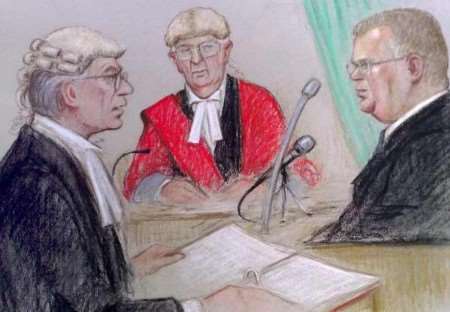 Artist's drawing of depot manager Colin Dixon, right, giving evidence at the Old Bailey. Image courtesy JULIA QUENZLER