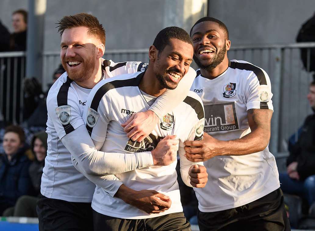 Danny Mills celebrates his goal with Elliot Bradbrook and Mark Onyemah Picture: Andy Payton