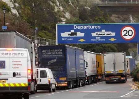 Traffic queueing at the Port of Dover on Tuesday afternoon. Picture: TERRY SCOTT
