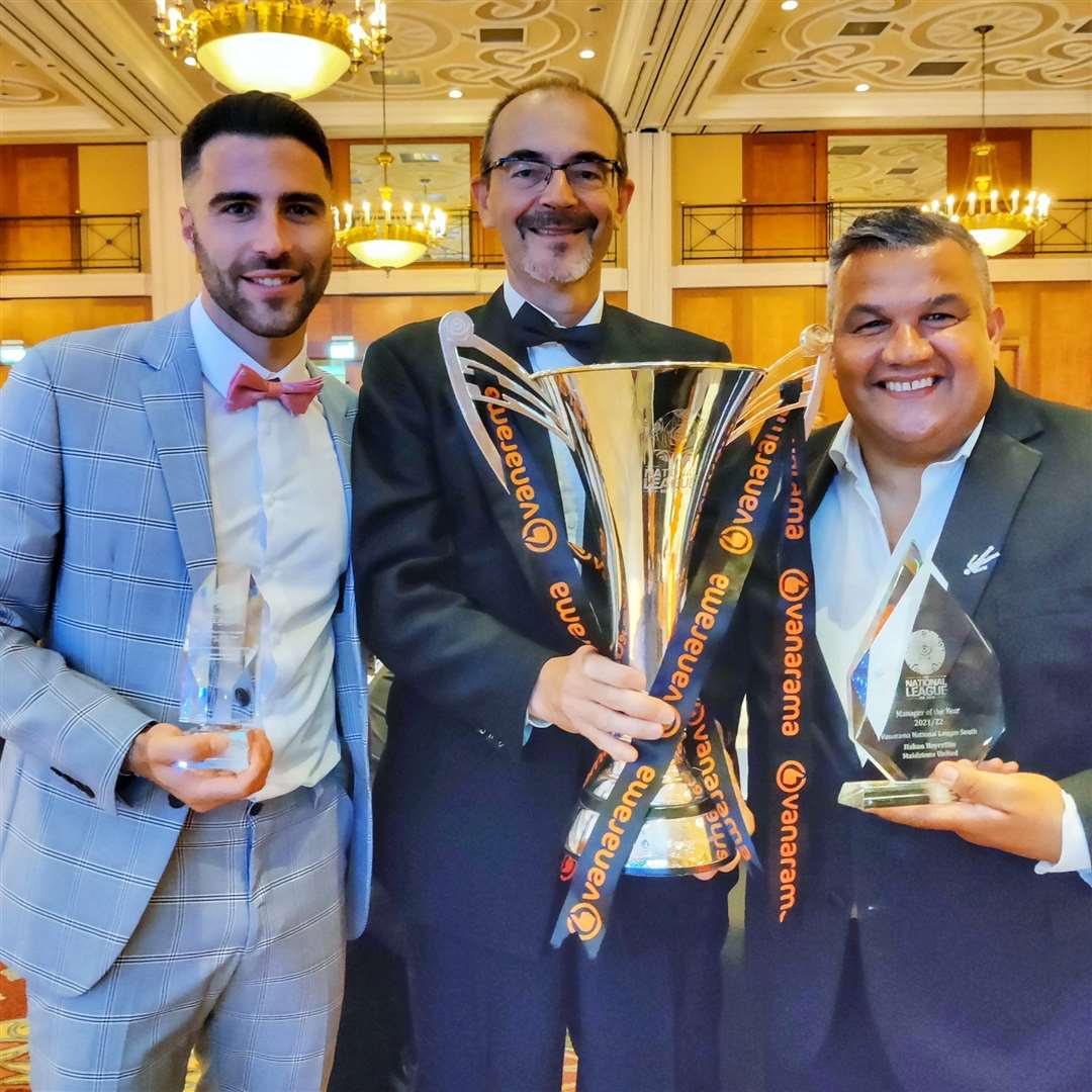 National South player-of-the-year Joan Luque and manager-of-the-year Hakan Hayrettin with Stones co-owner Oliver Ash at the league gala. Picture: Helen Cooper