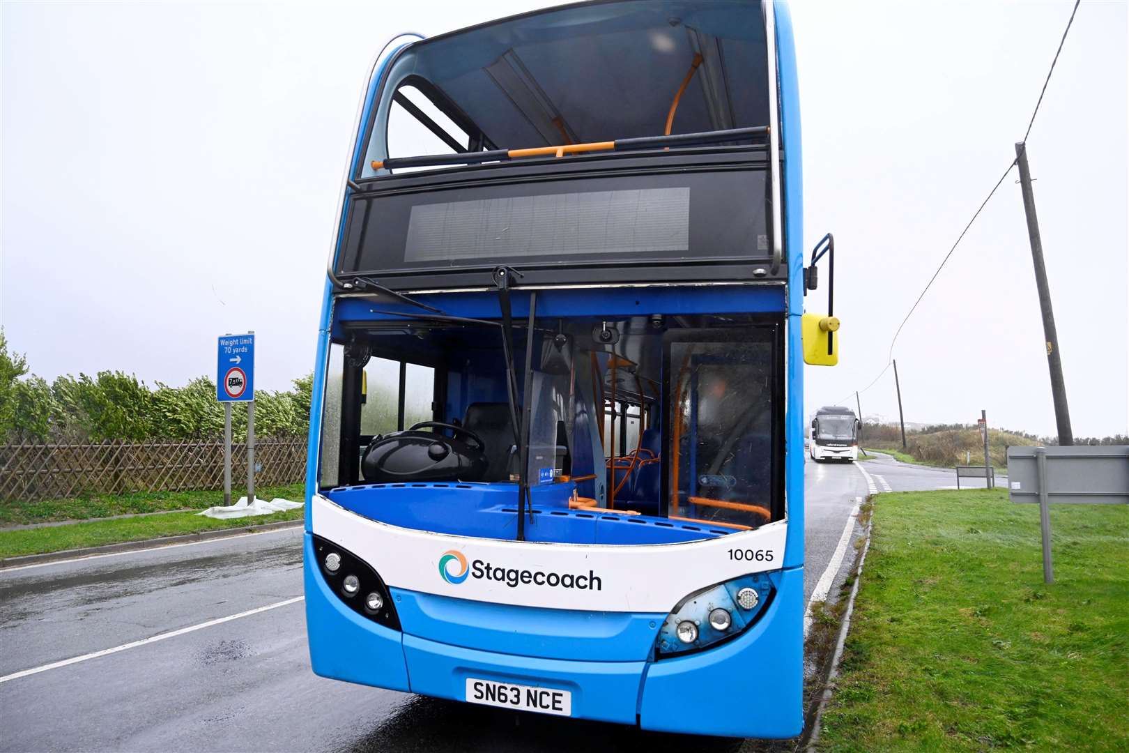 Two buses on the Capel Road, heading towards Folkestone, lost their upper and lower windscreens. Picture: Barry Goodwin