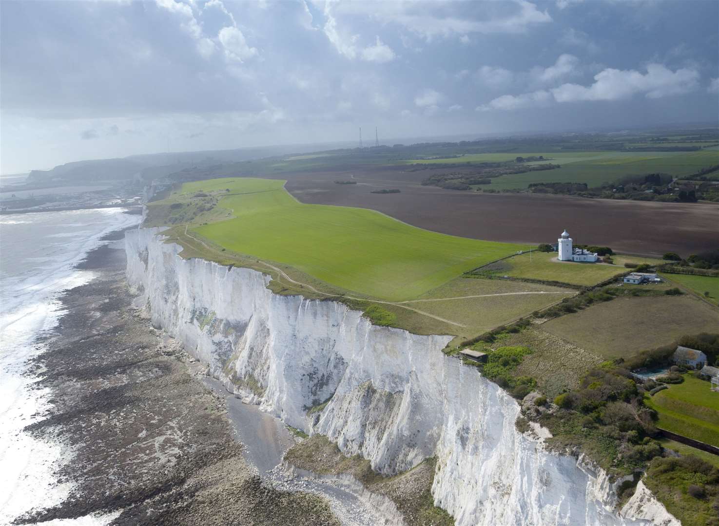 Aerial view of land on the White Cliffs of Dover coastline