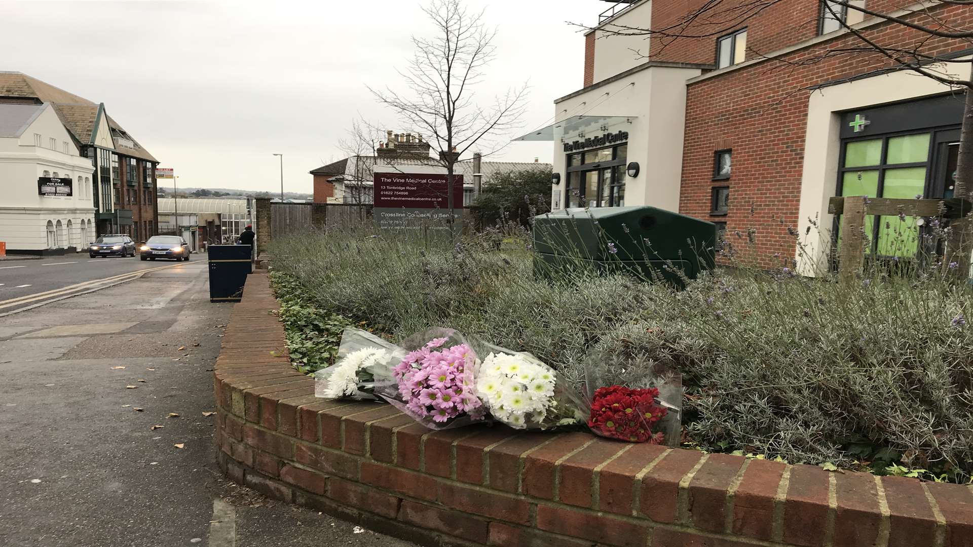 Tributes were left at the scene of the crash outside The Vine Medical Centre in Tonbridge Road