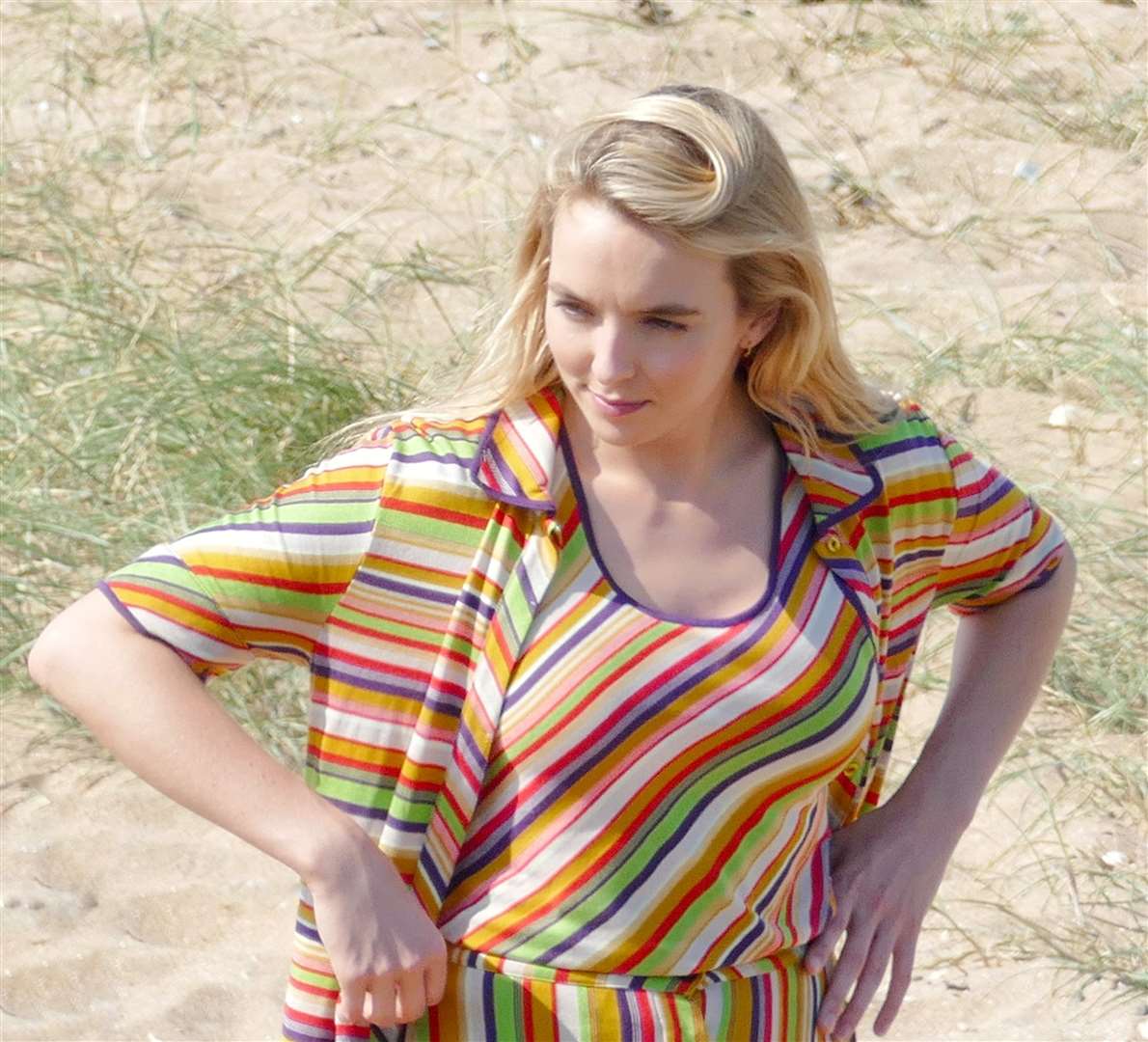 Jodie Comer was wearing a multi-coloured striped short-sleeved top and matching trousers. Picture: Frank Leppard Photography