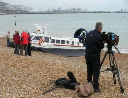 The hovercraft on Dover beach for the filming of Coast. Presenter Dr Alice Roberts is in the dark red coat.