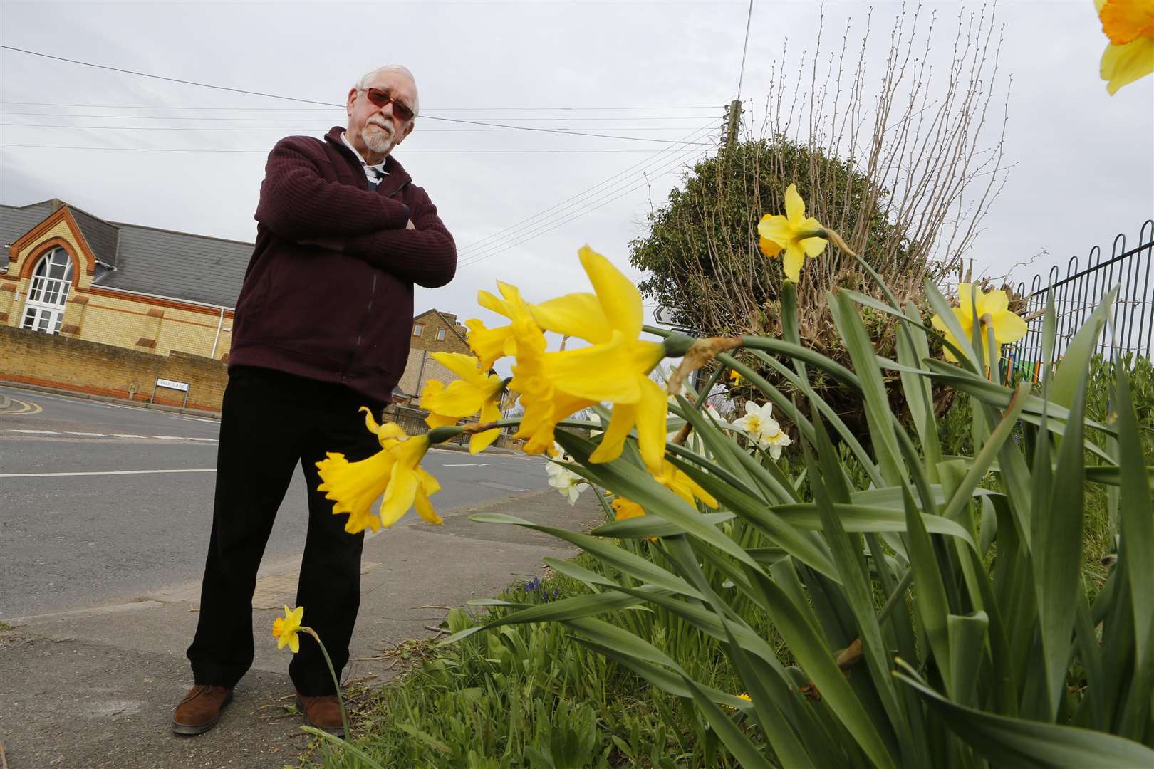 Bill Stead at the spot where 70-year-old wife, Valerie, was ‘abused and assaulted’ when she took exception to a lady picking daffodils