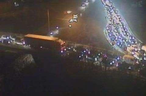 The London-bound slip road leading onto the M25 has been closed, sparking large queues. Picture: KCC Highways