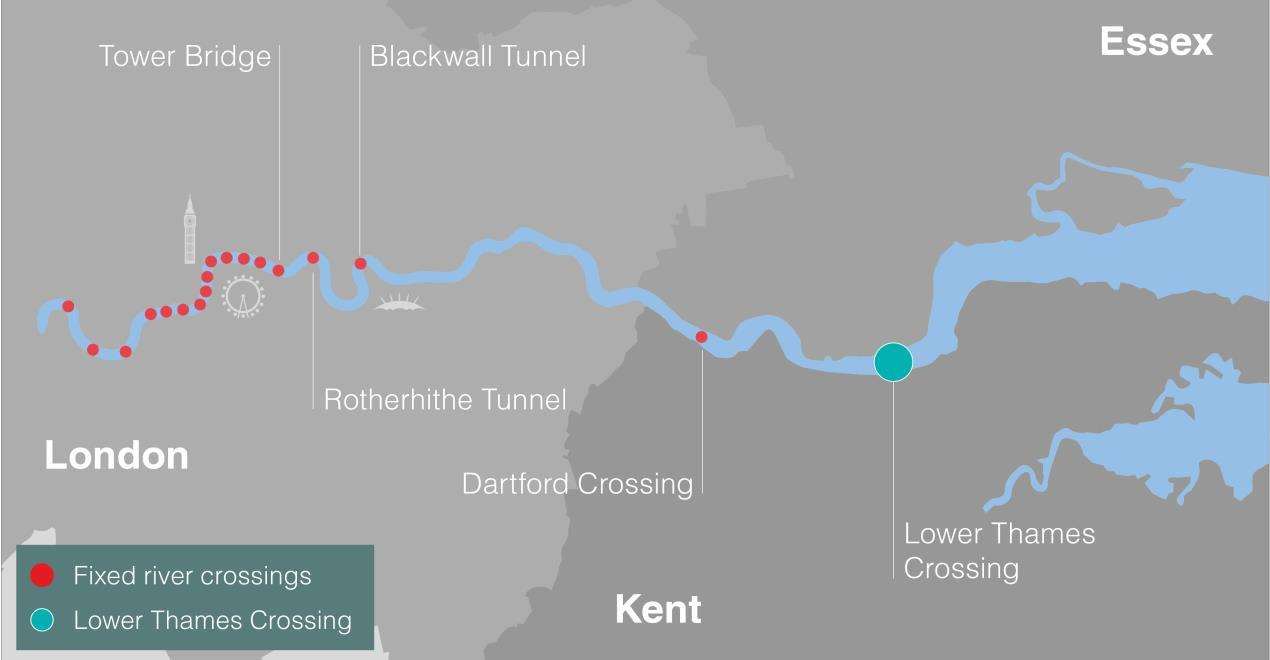 Current river crossing on the river and the proposed location of the Lower Thames Crossing