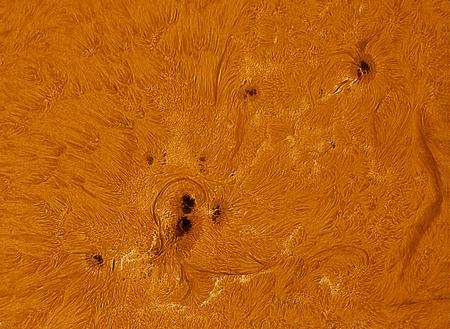 This close-up of a region on the surface of the sun shows a number of sunspots and hydrogen gas flowing along magnetic lines. Picture: Paul Andrew