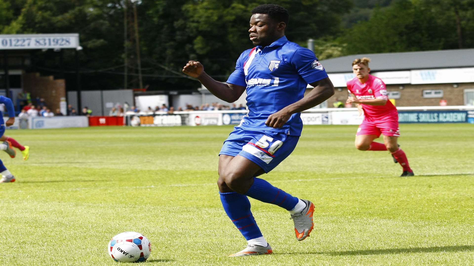 Gillingham's new signing Adedeji Oshilaja on the ball at Dover Picture: Matt Bristow
