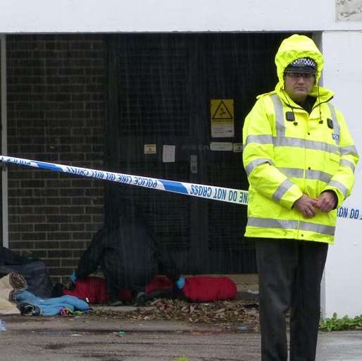 Police at the scene behind Europa House where Tim Clayton was found. Picture: @Kent_999s