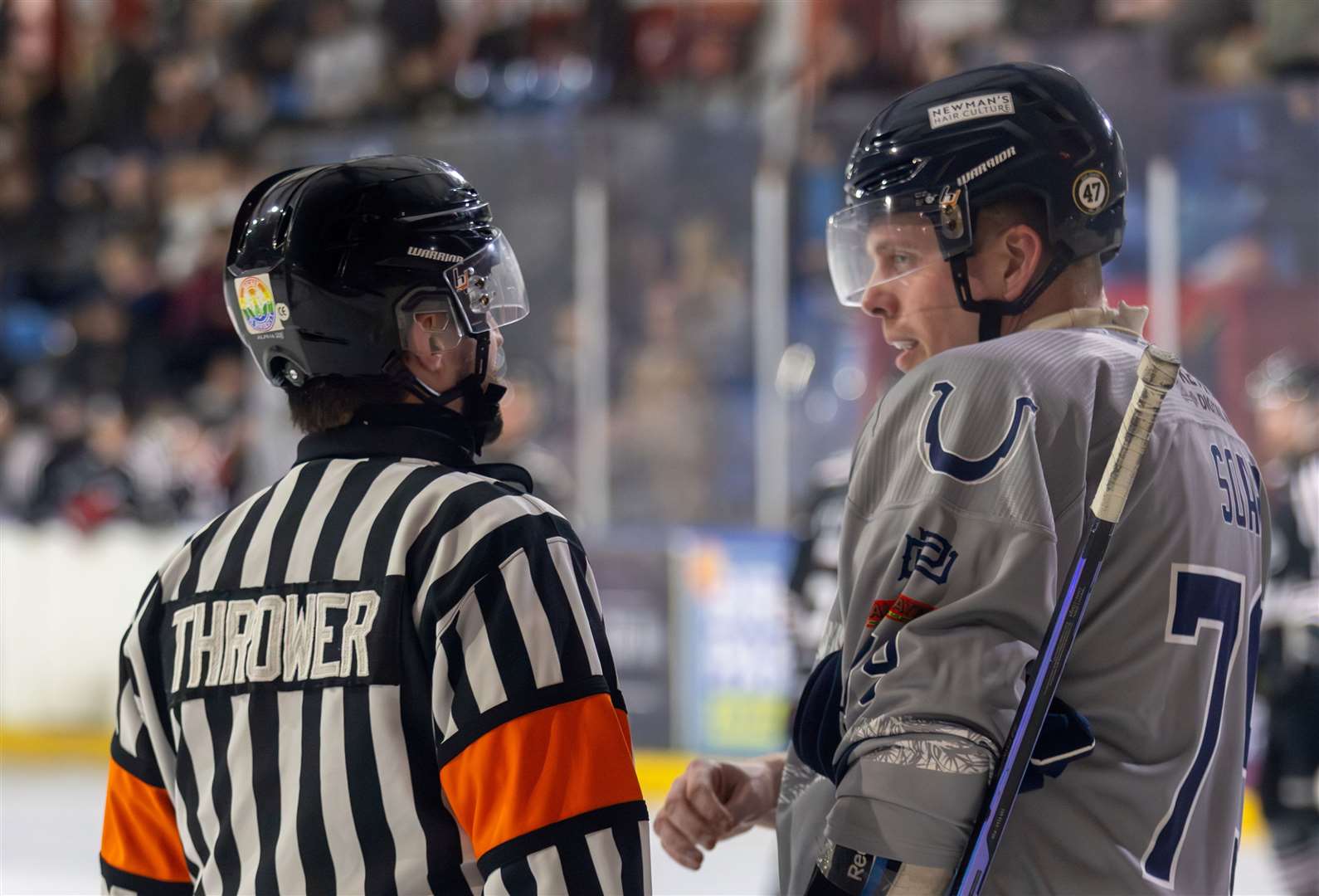 Tom Soar chats to referee Thrower during Invicta Dynamos’ first match against Solent Devils Picture: David Trevallion