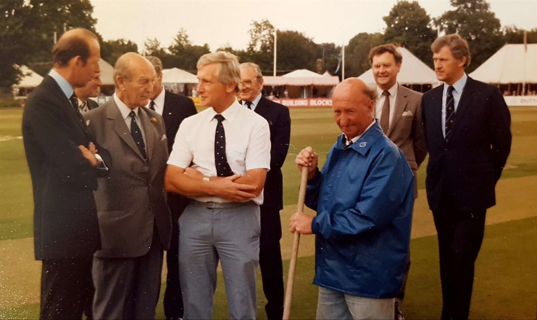 Sammy Fidler and head groundsman Brian Fitch talk to the Duke of Kent during a visit to the ground