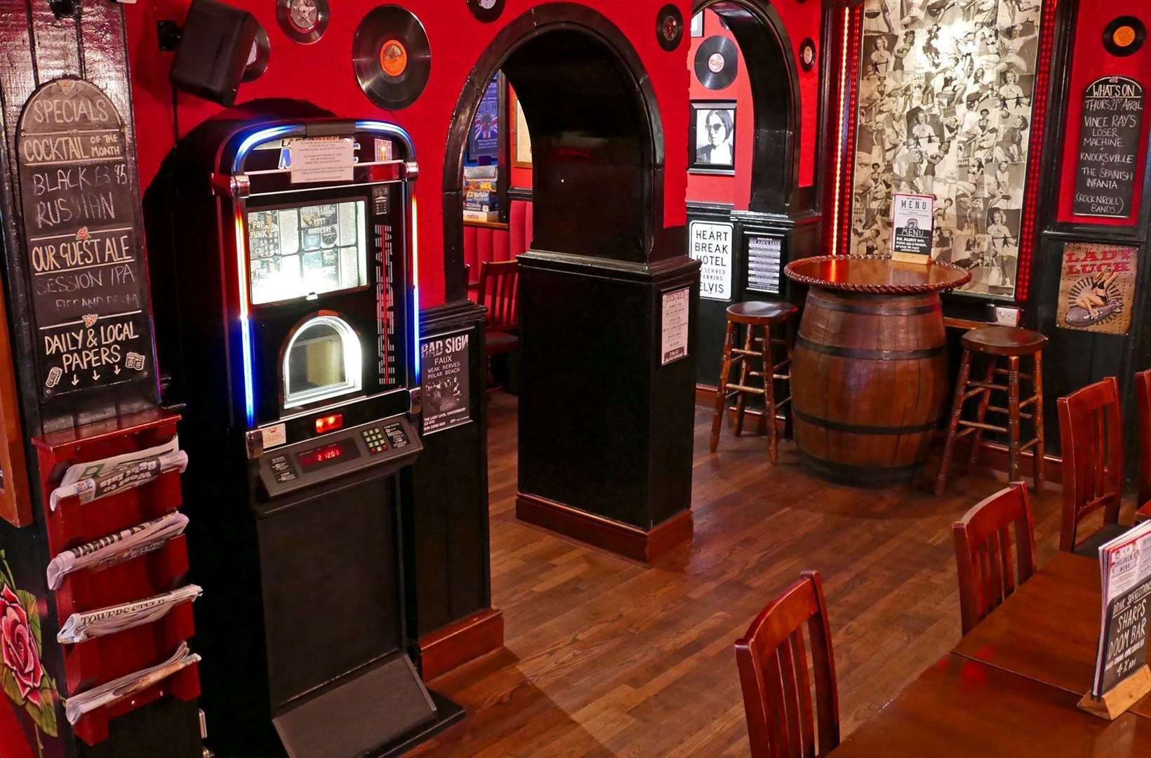 A jukebox and retro memorabilia fills the St Peter's Street bar