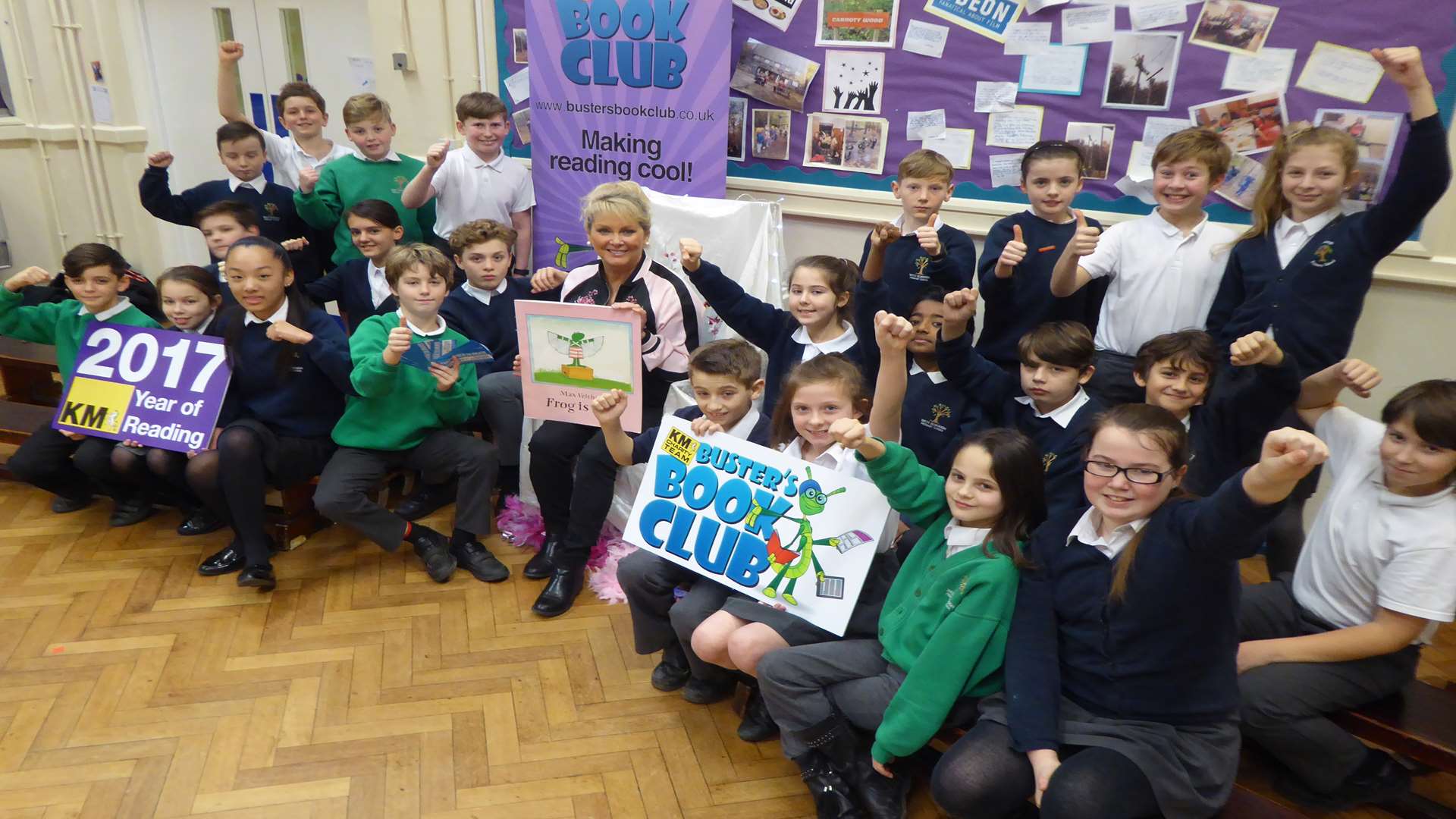 Willow Class at West Borough Primary School, Maidstone meet Cheryl Baker, Honorary Patron of the KM Charity Team. The class won a story time session with Cheryl for the entire school.