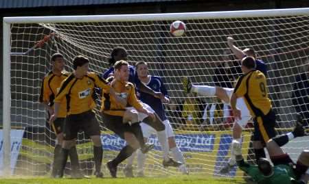 Goalmouth action from Cheriton Road as Folkestone beat Walton Casuals 4-0. Picture: Gary Browne