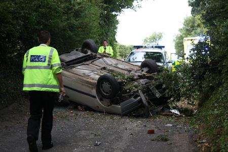 Scene after car overturned in Horton Kirby. Picture courtesy Barry Morgan