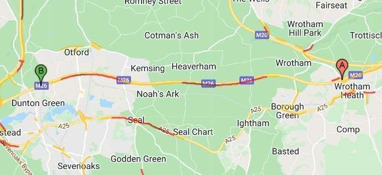 Traffic was held in all lanes from J2A A20 London Road, Wrotham, to J5 on the M25. Picture: Google Maps