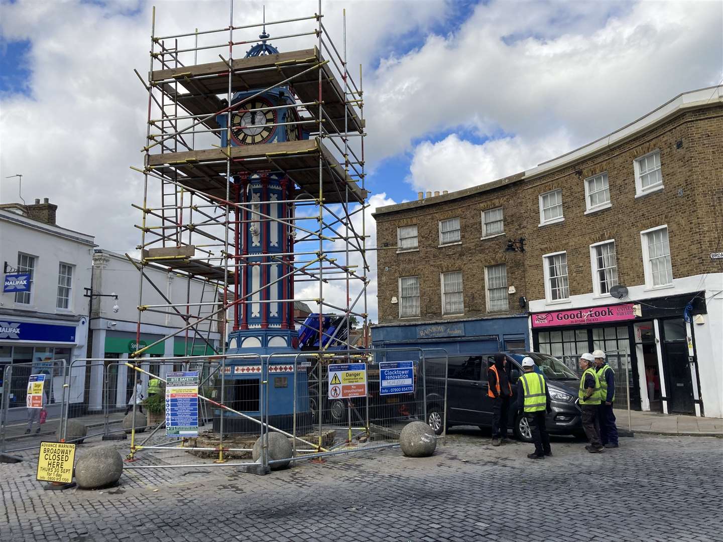 Scaffolding surrounds Sheerness clock tower as engineers prepare to dismantle it so it can be fully restored by Smith of Derby. It won't be back until the spring