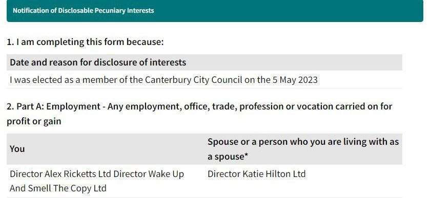 Alex Ricketts declared his directorships of both Alex Ricketts Ltd and Wake Up and Smell the Copy Ltd, as well as his wife's directorship of Katie Hilton Ltd