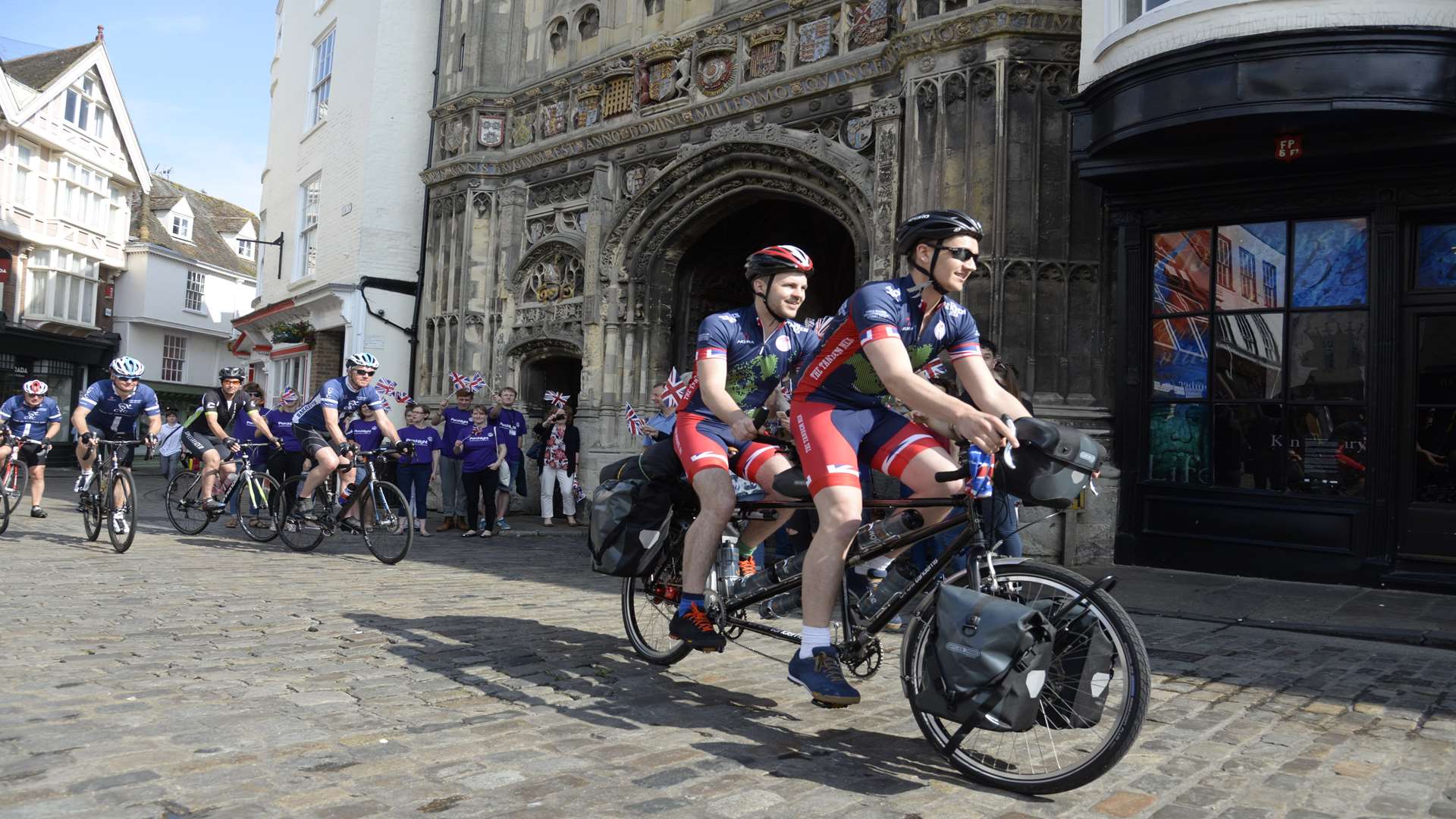 George Agate and John Whybrow leave Canterbury on their 10 month around-the-world tandem ride for charity.